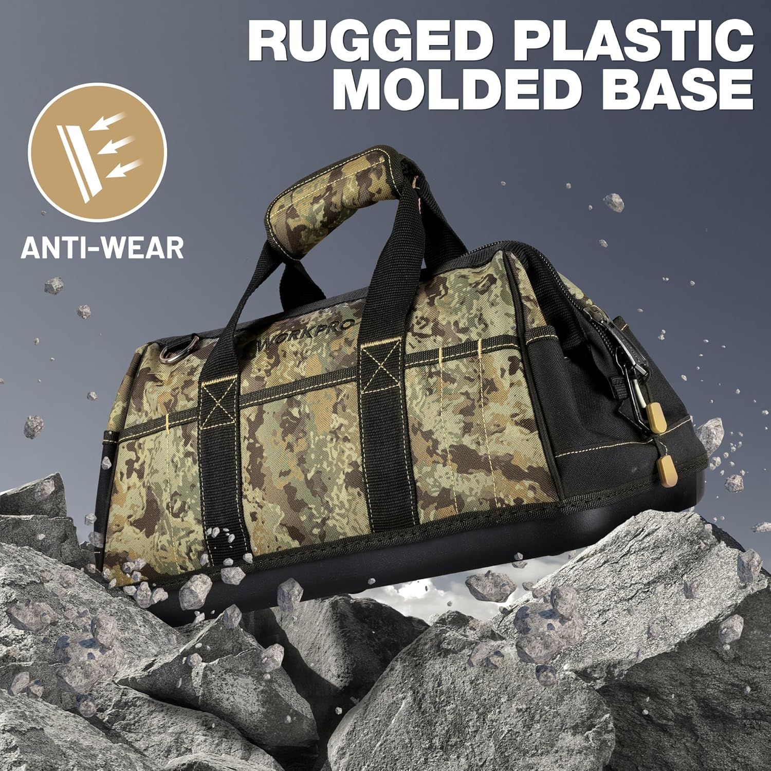Camouflage tool bag with rugged molded base and reinforced anti-wear bottom