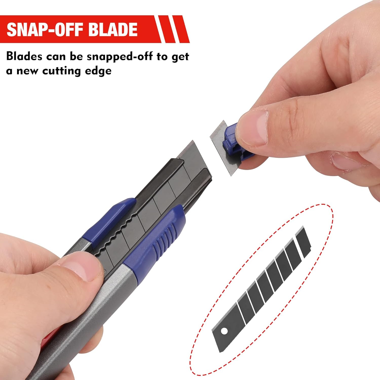 WORKPRO utility knife snap-off blade; segmented cutting edge shown on dark blade
