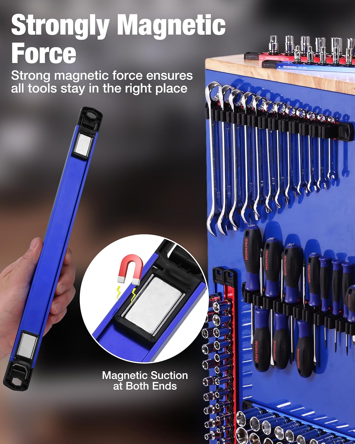 Strong magnetic screwdriver and socket organizer rail with blue base and black holders