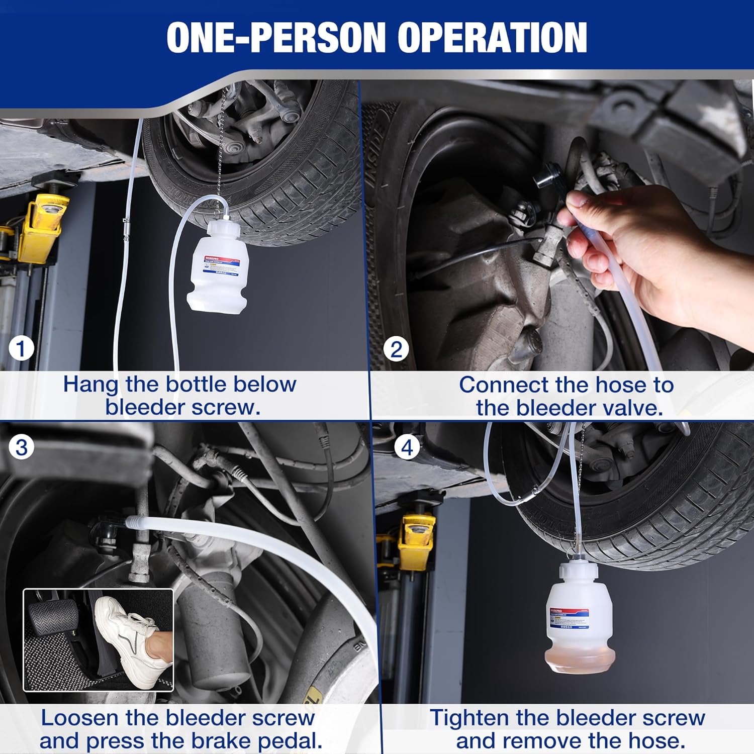 One-person brake bleeder kit with hanging reservoir bottle and connected hose