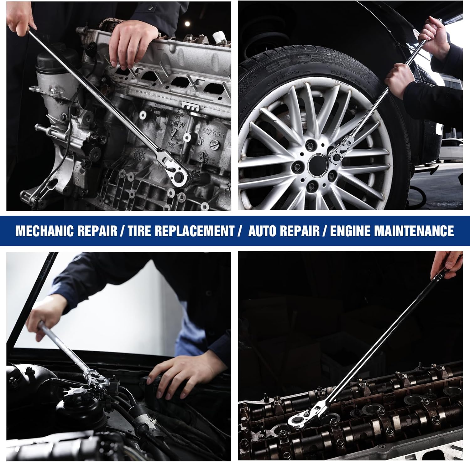 Mechanic using long flex head ratchet on engine and wheel components