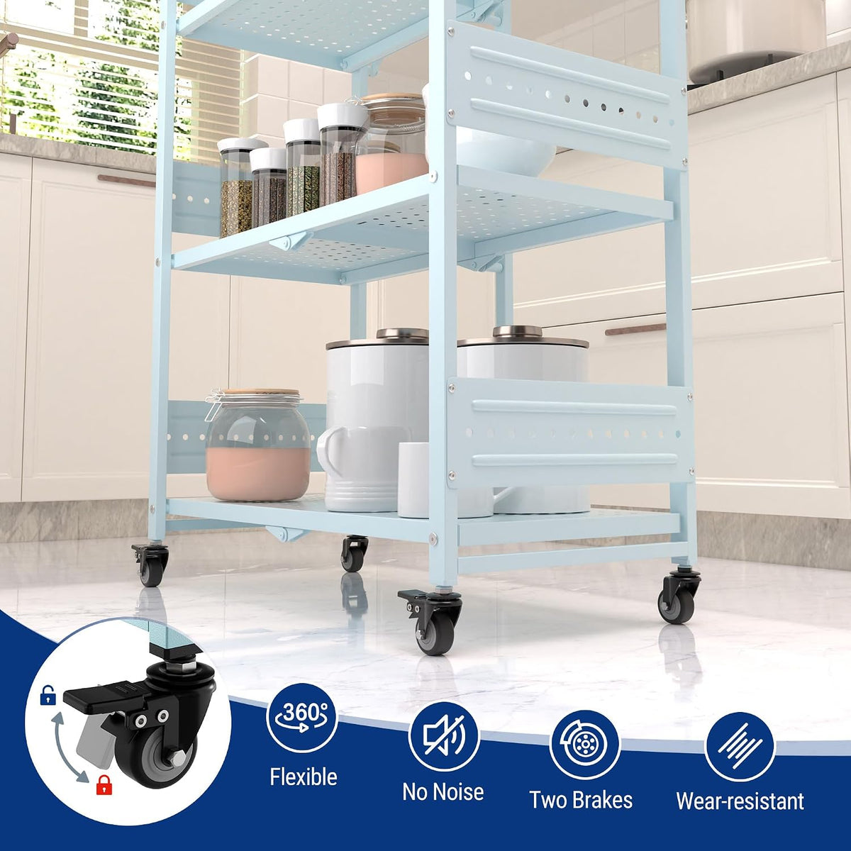 Blue metal 5-tier shelving rack with perforated sides and caster wheels