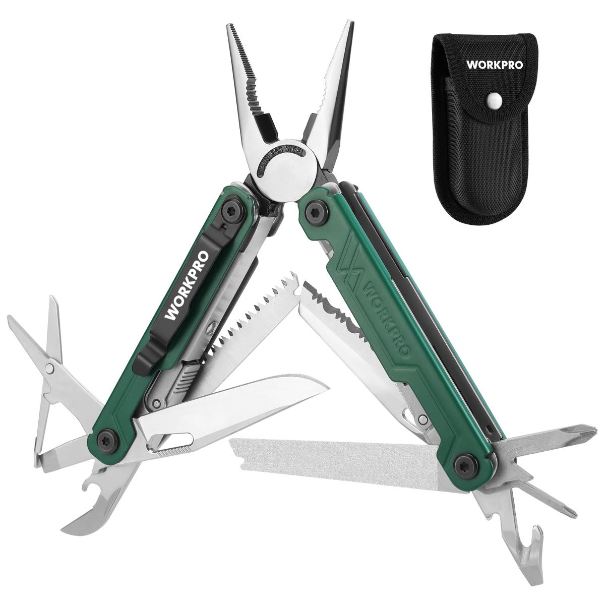 18-in-1 multi tool pliers, green with black sheath, open tools and serrated blade