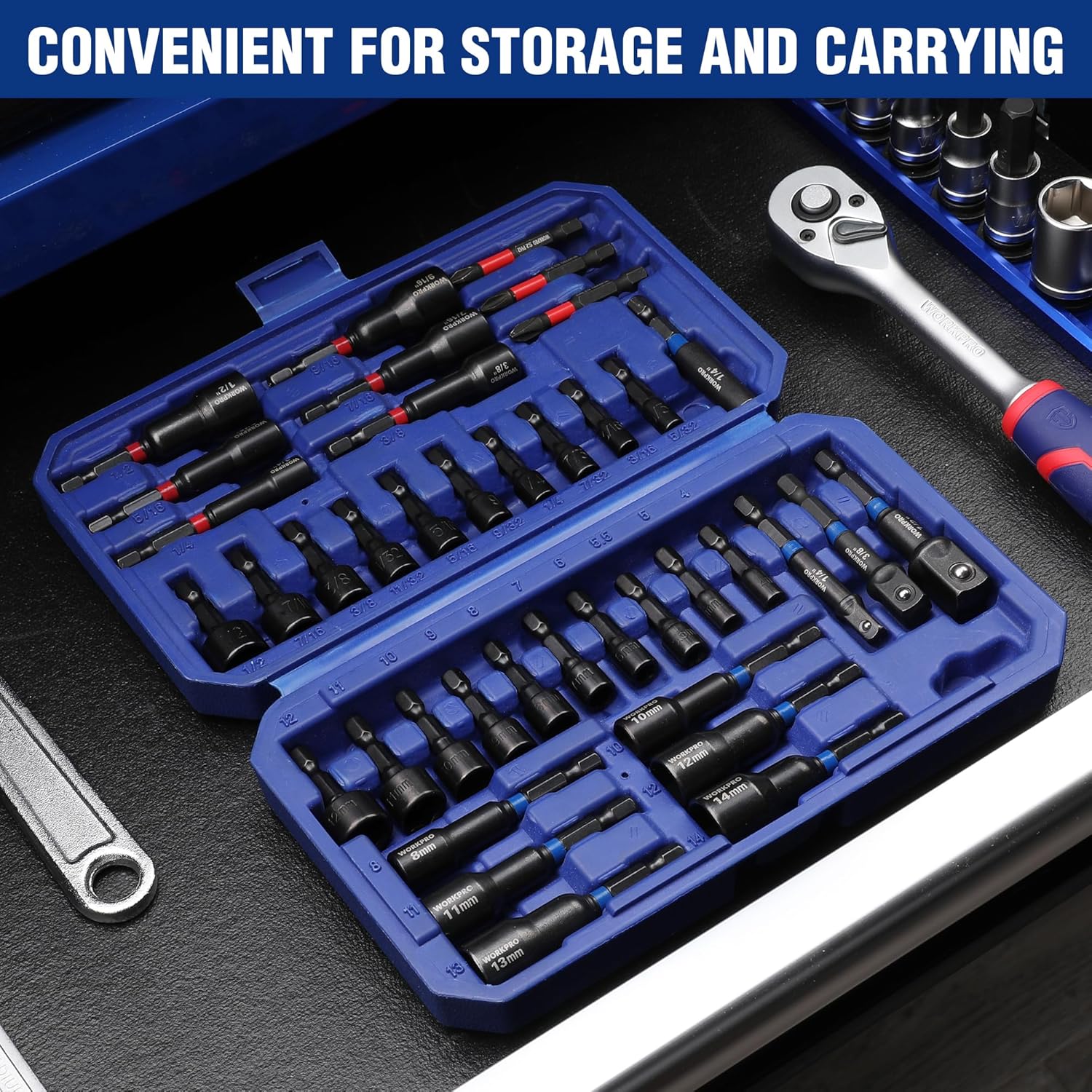 Blue storage case holding multiple magnetic nut driver bits and screwdriver adapter pieces