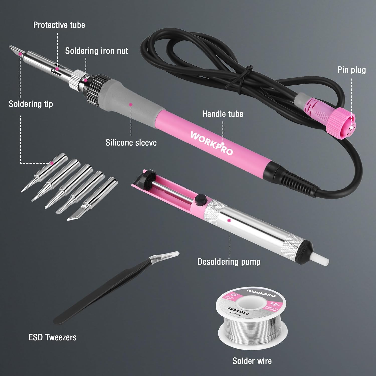 Pink soldering iron kit with tips, desoldering pump, solder wire, and ESD tweezers