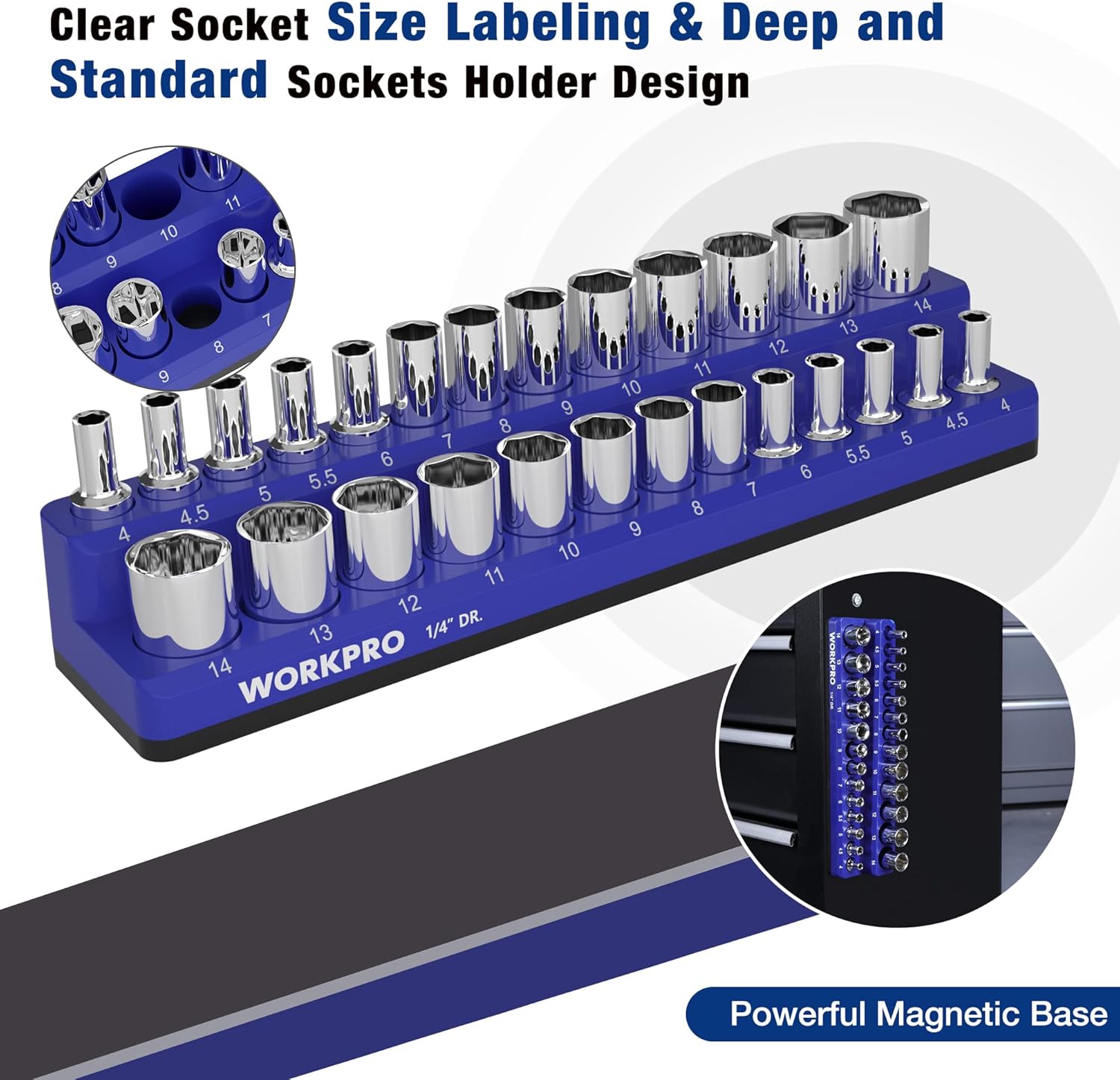 Blue metric magnetic socket organizer with chrome socket size labels and deep holders
