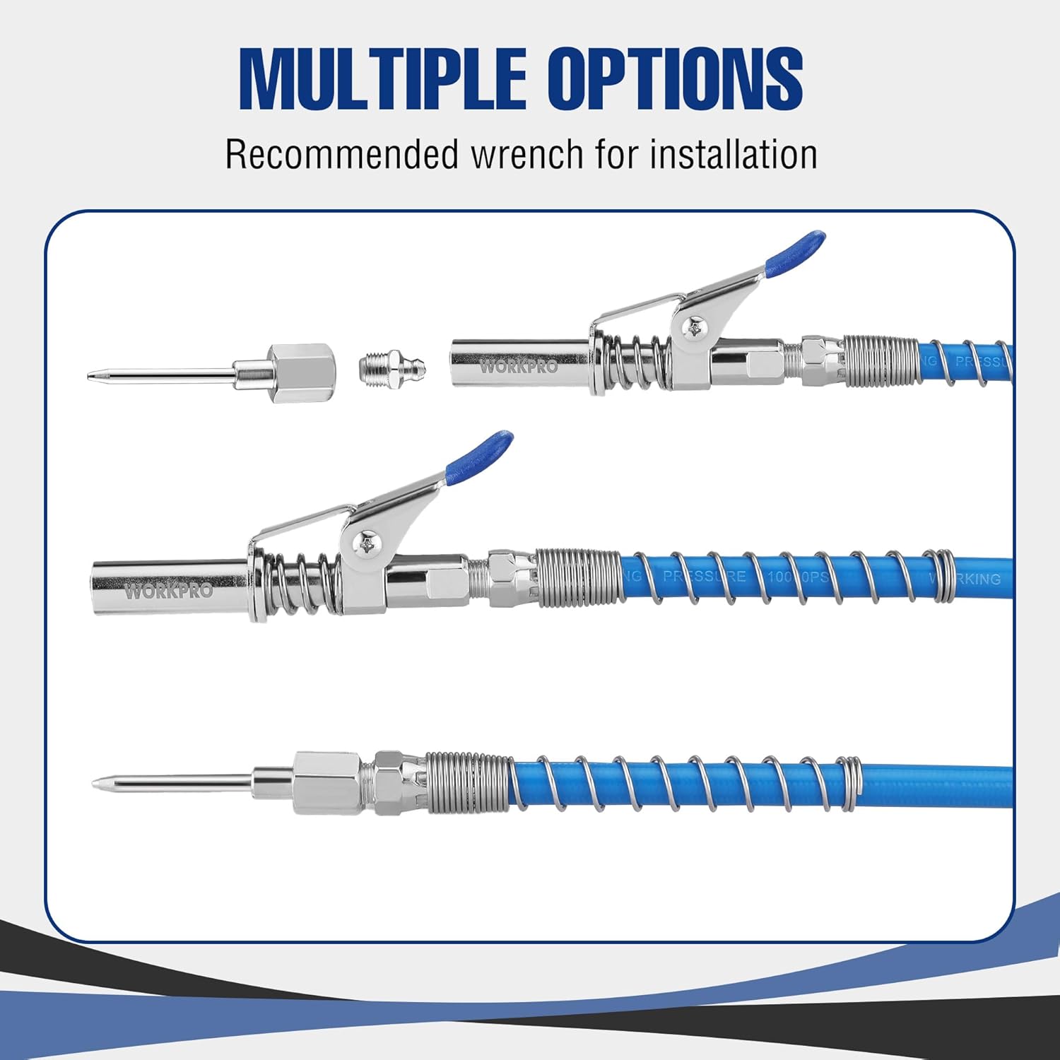 Grease gun coupler set with two blue hoses, spring clamps, and threaded fittings