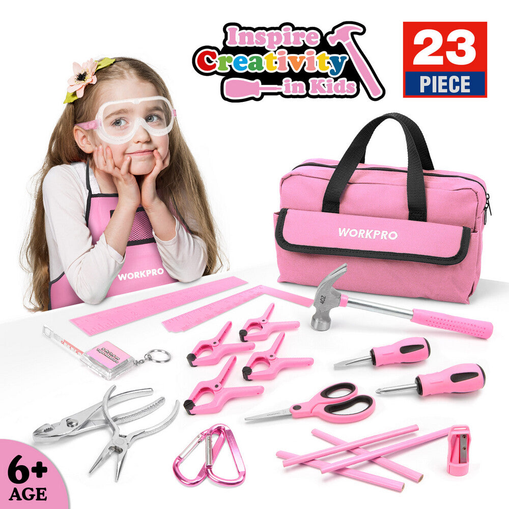 WORKPRO Kid Tools Kit 23 Pcs Pink with Bag, durable drop forged heat treated steel tools, secure storage