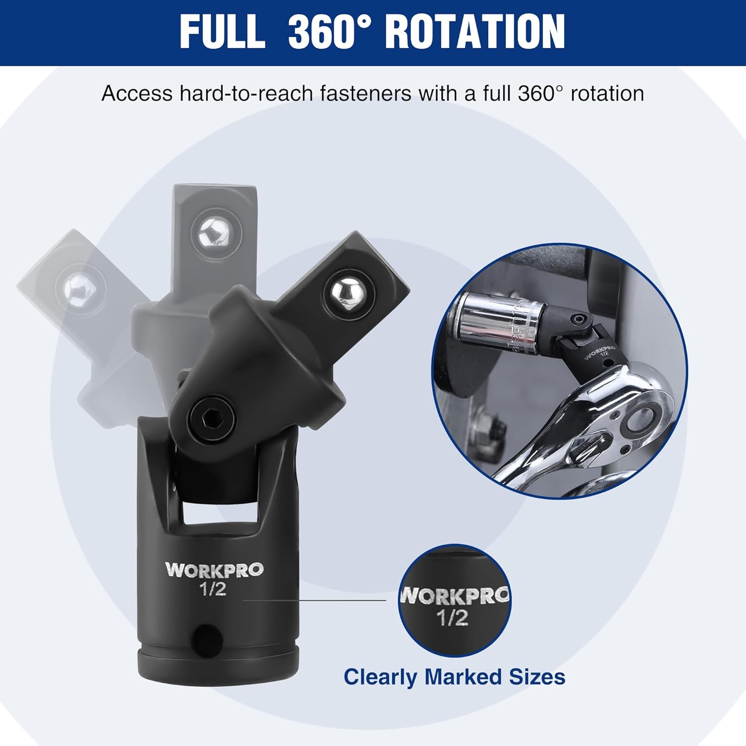 Black 1/2-in drive universal joint for full 360° rotation between extensions