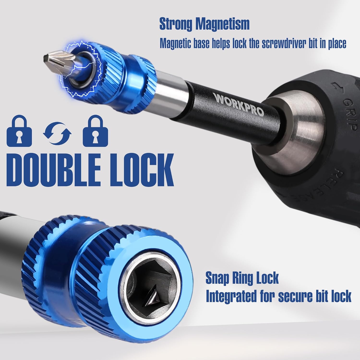 Magnetic drill bit extension set with double-lock and snap-ring secure bit holder
