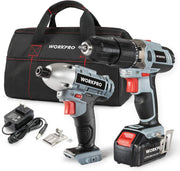 WORKPRO cordless drill/driver impact combo kit with 2 drills, battery, charger, storage bag