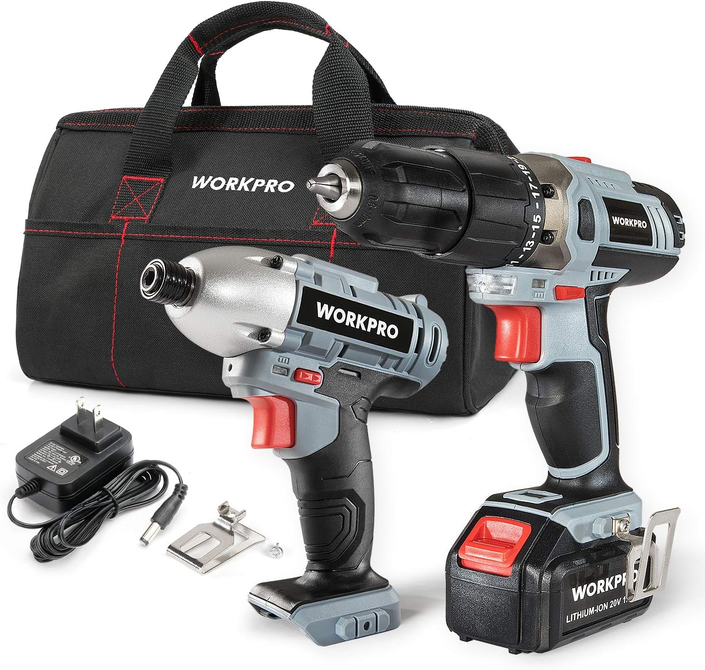 WORKPRO cordless drill/driver impact combo kit with 2 drills, battery, charger, storage bag