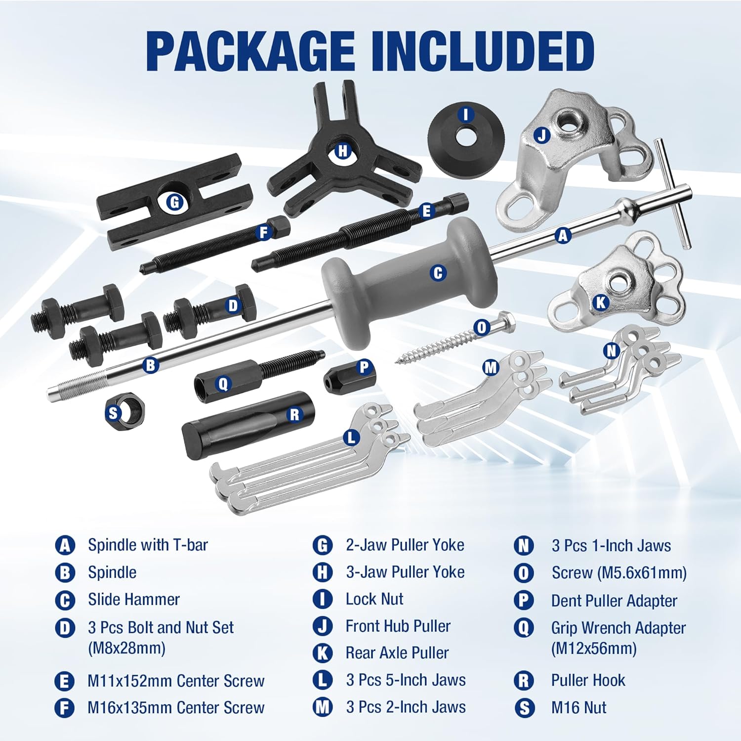 27-piece slide hammer bearing puller kit with jaws, yokes, screws, and adapters