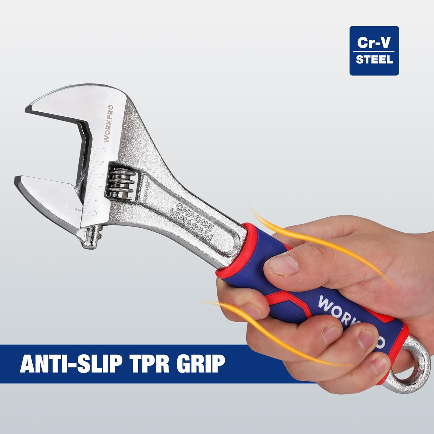 Adjustable wrench with Cr-V steel jaws and anti-slip TPR grip