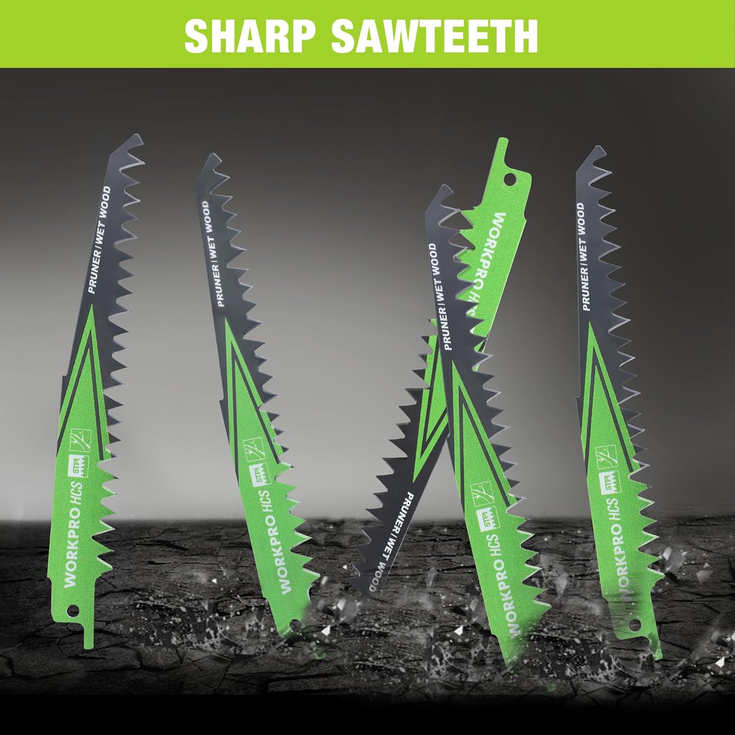WORKPRO pruning reciprocating saw blades set, five 5TPI blades with serrated teeth