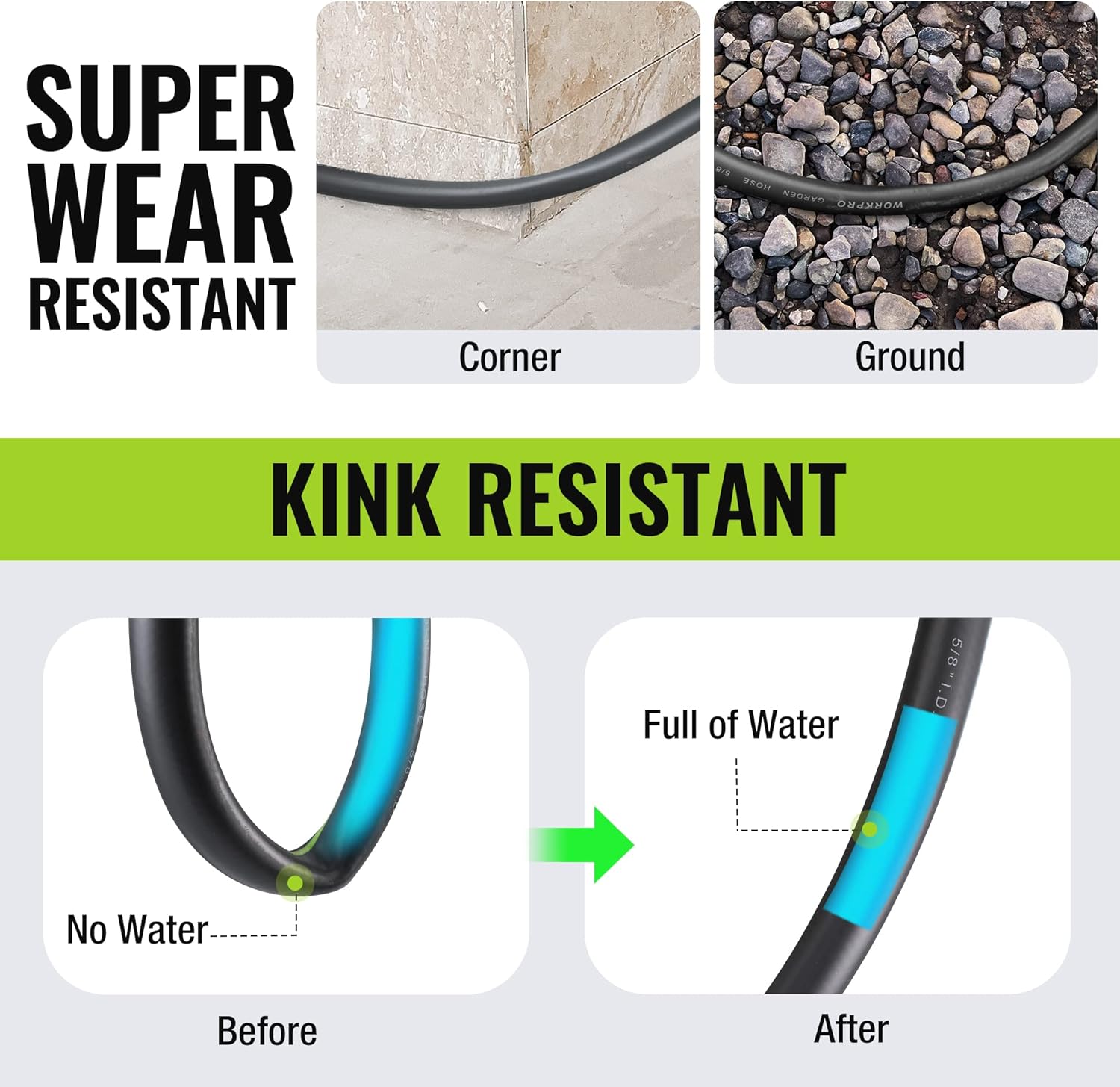 Black garden hose section with blue stripe, kink-resistant water flow shown