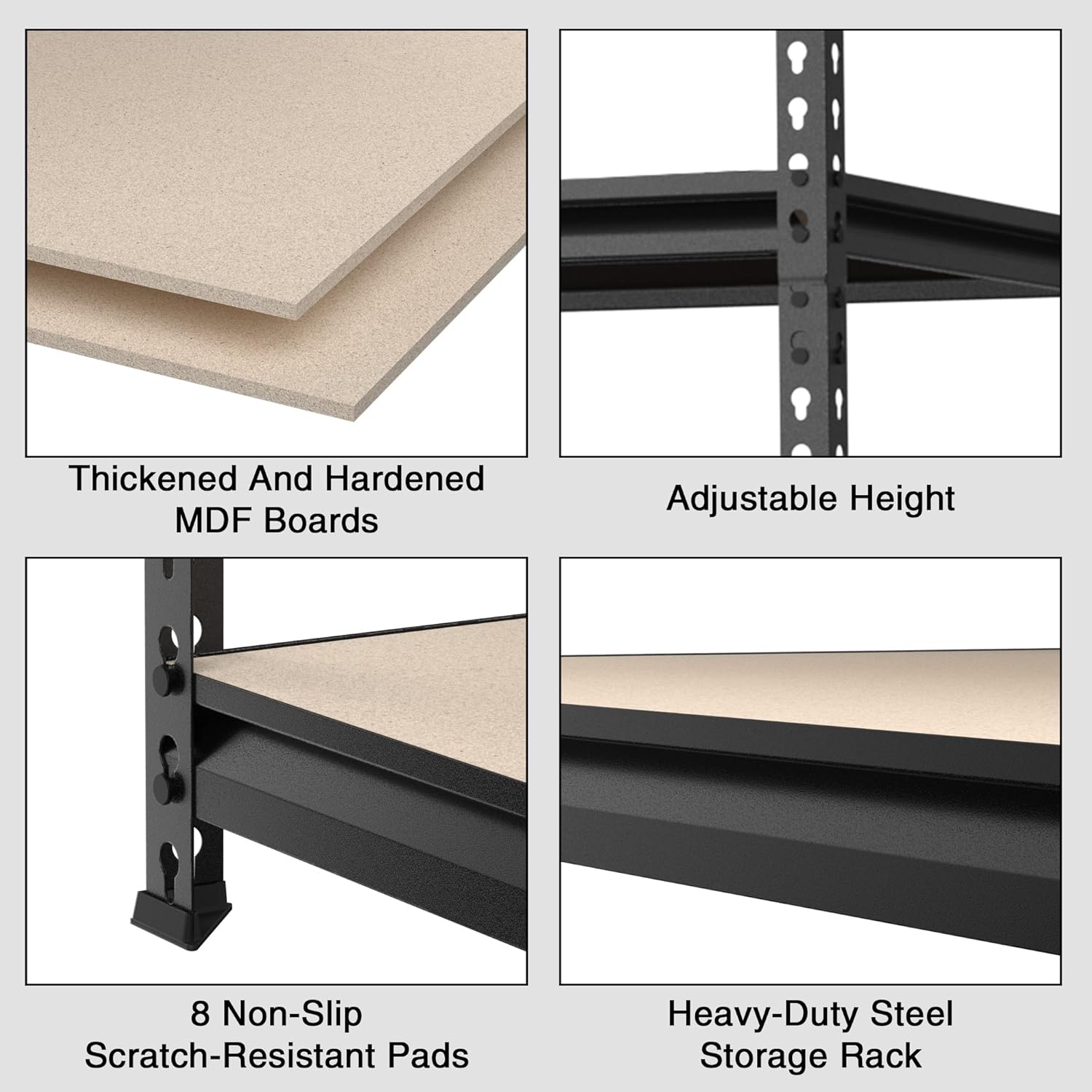5-tier shelving unit feature panel: thick particle board shelves, adjustable steel uprights