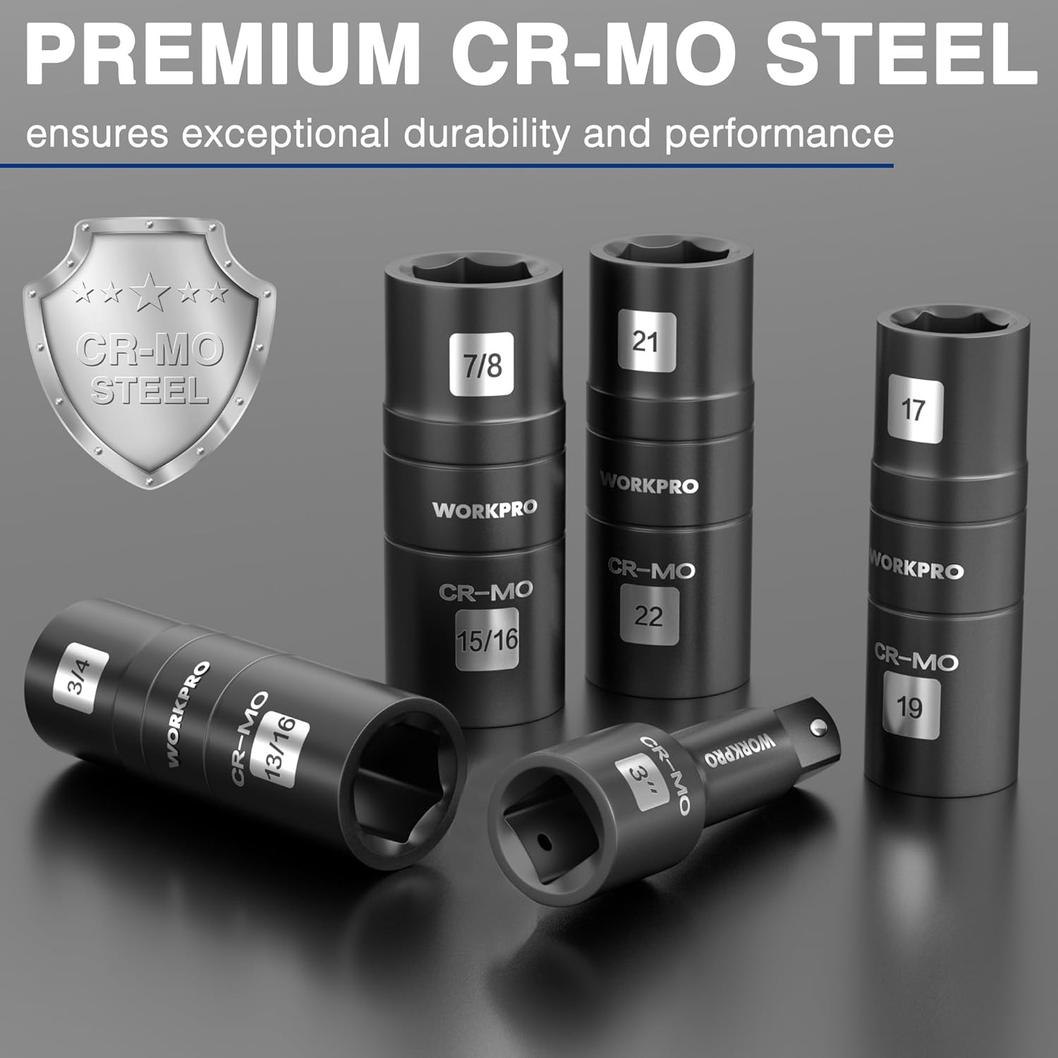 Black CR-Mo steel flip sockets with extension bar, showing 7/8, 21, 17, 19, 15/16 sizes