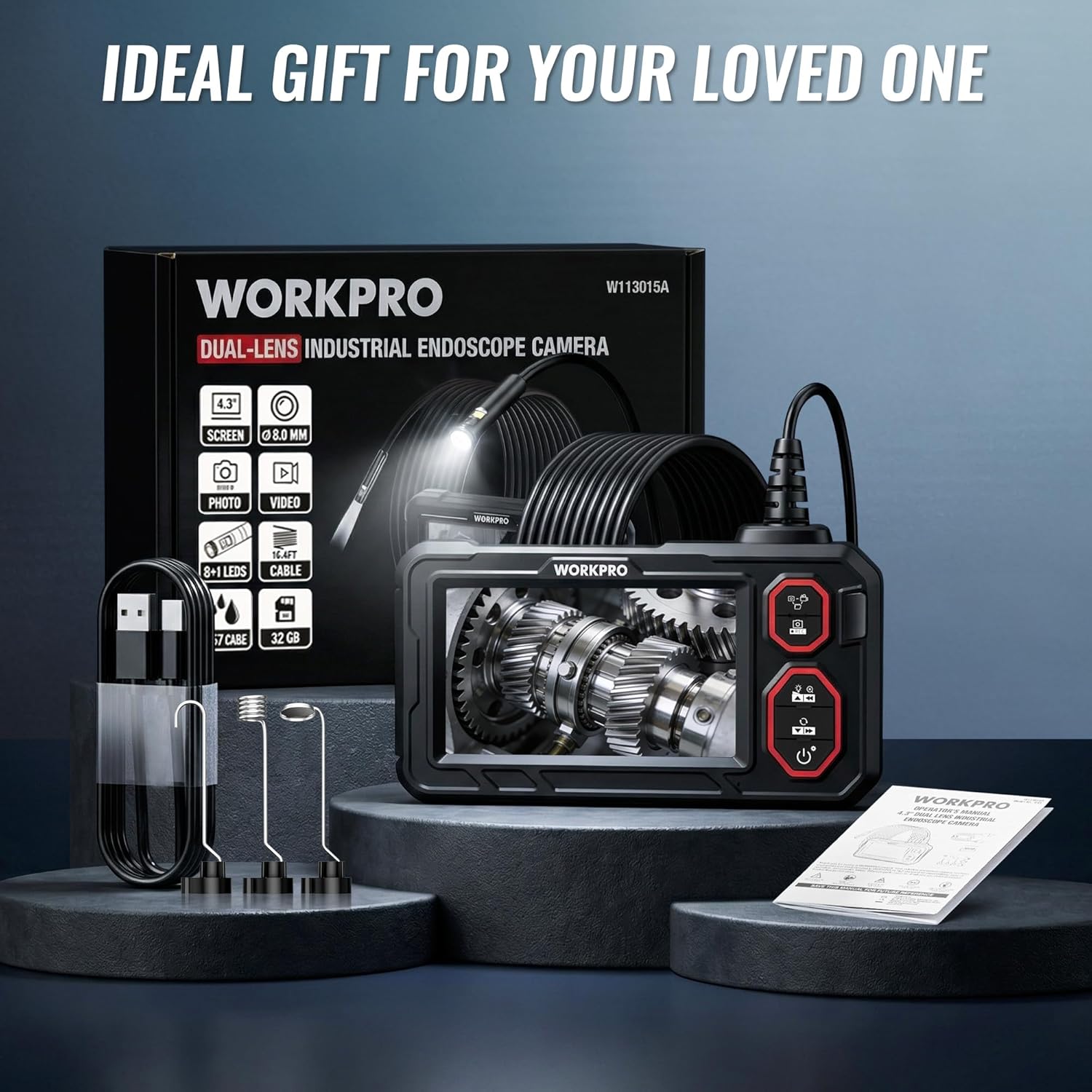 Industrial endoscope camera kit with black monitor unit, probe, and accessory set