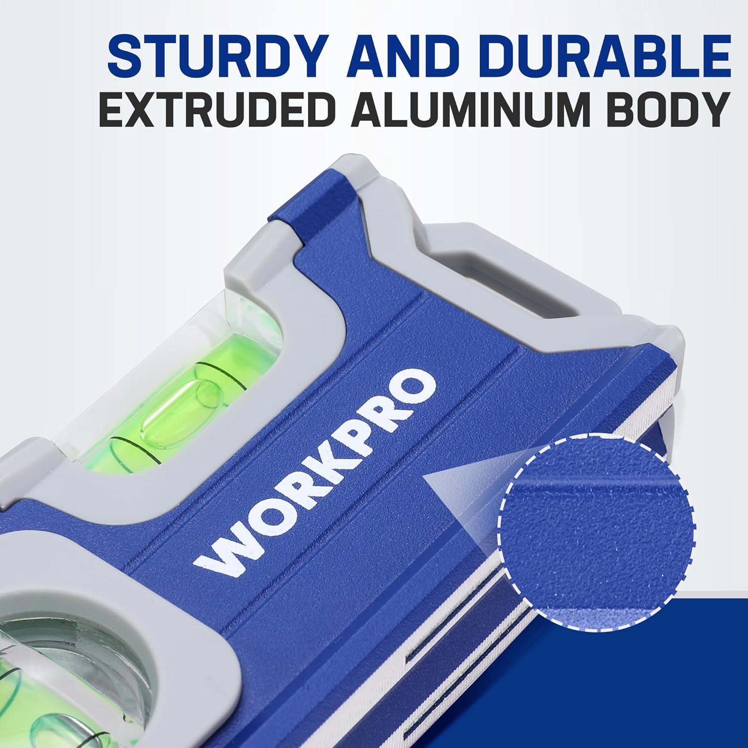 Mini magnetic pocket level with sturdy extruded aluminum body and green vials.