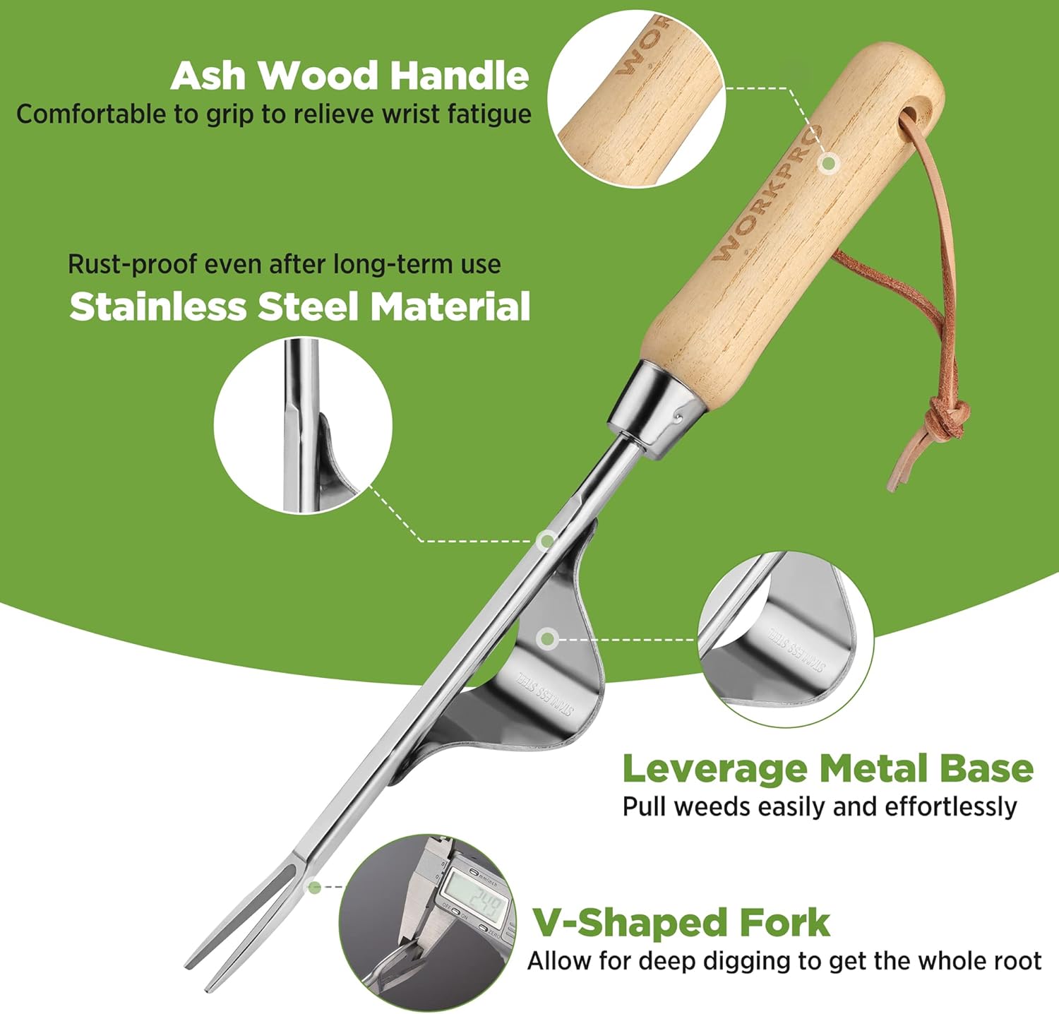Stainless steel weed puller with ash wood handle, V-shaped fork, and metal leverage base