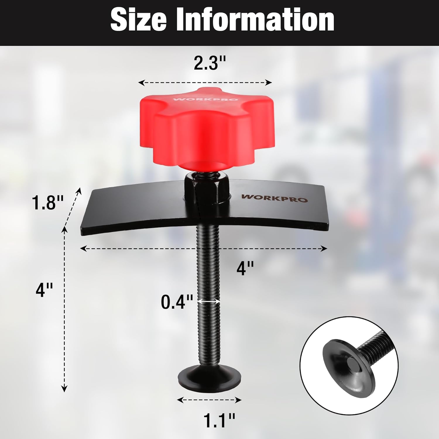 Brake pad spreader tool with red top, black handle plates and threaded screw, WORKPRO