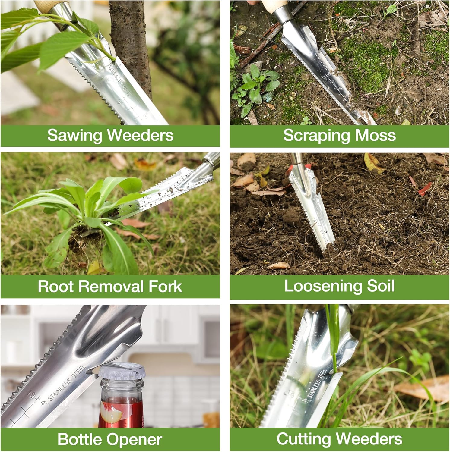 Multi-purpose stainless garden weeding tool with fork and trowel-style cutting edges in use