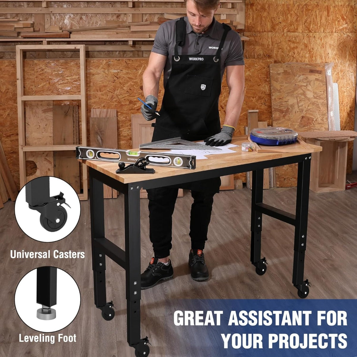 Adjustable workbench with universal casters and leveling foot on black frame