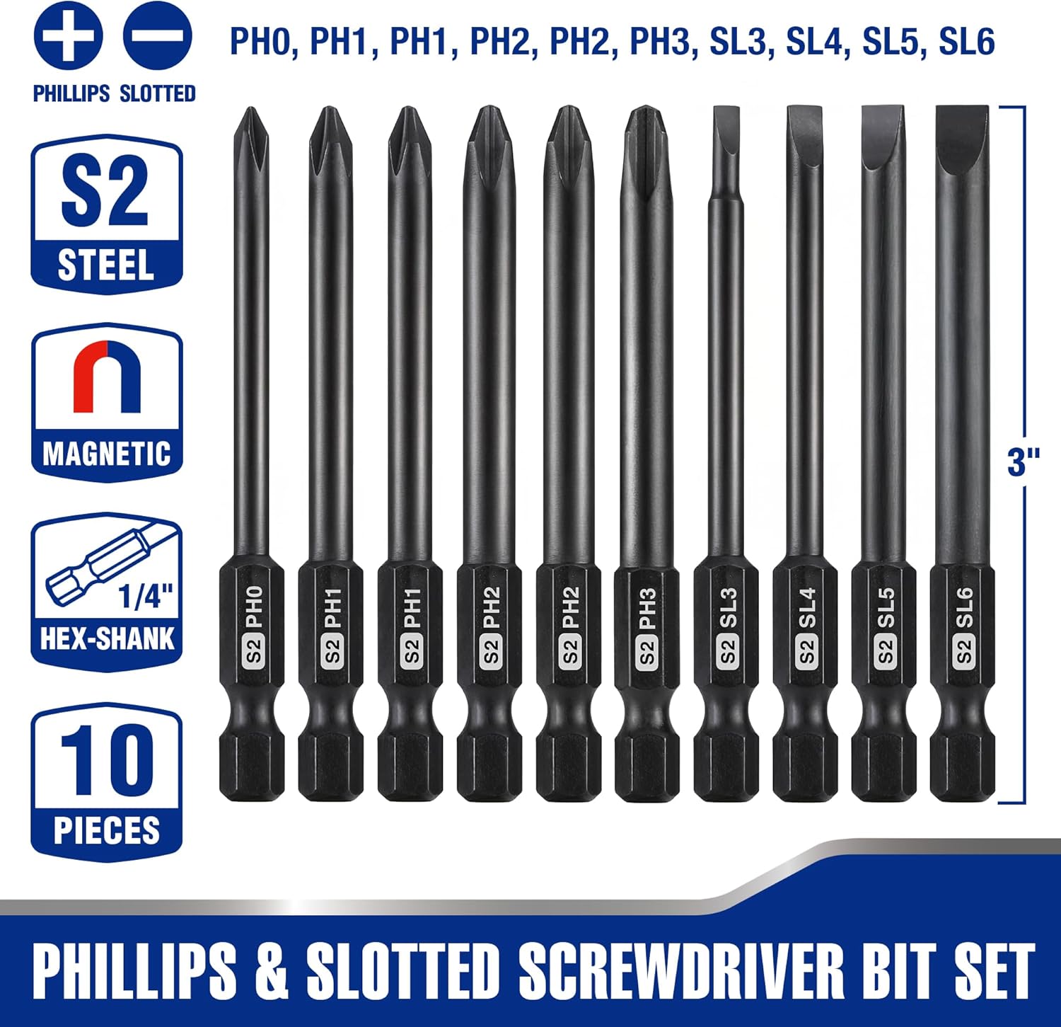10-piece Phillips and slotted screwdriver bit set, black S2 steel magnetic hex-shank bits