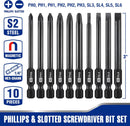 WORKPRO 10pcs Slotted Phillips Screwdriver Bit Set, S2 Steel Magnetic Screwdriver Bits Set, CNC Machined Tips, 1/4 Inch Hex Shank Driver Bits, 3 Inch Long Screwdriver Bits Set with Storage Box
