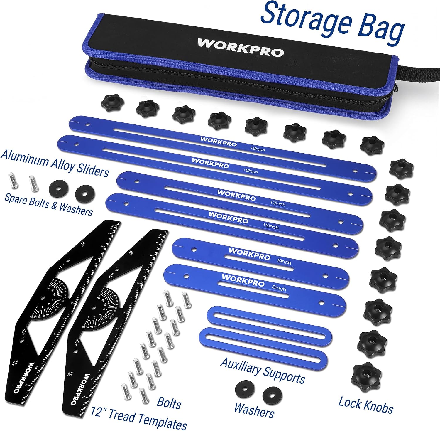 Stair tread template tool kit with storage bag, blue aluminum sliders, and black lock knobs