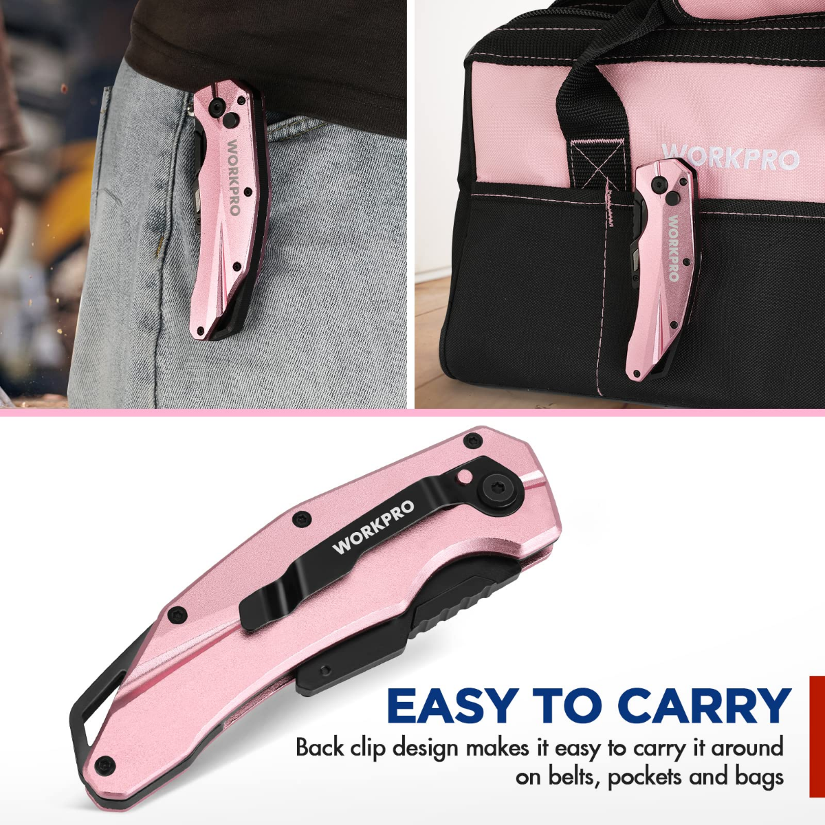Pink folding utility knife with back clip design for easy belt, pocket, or bag carry
