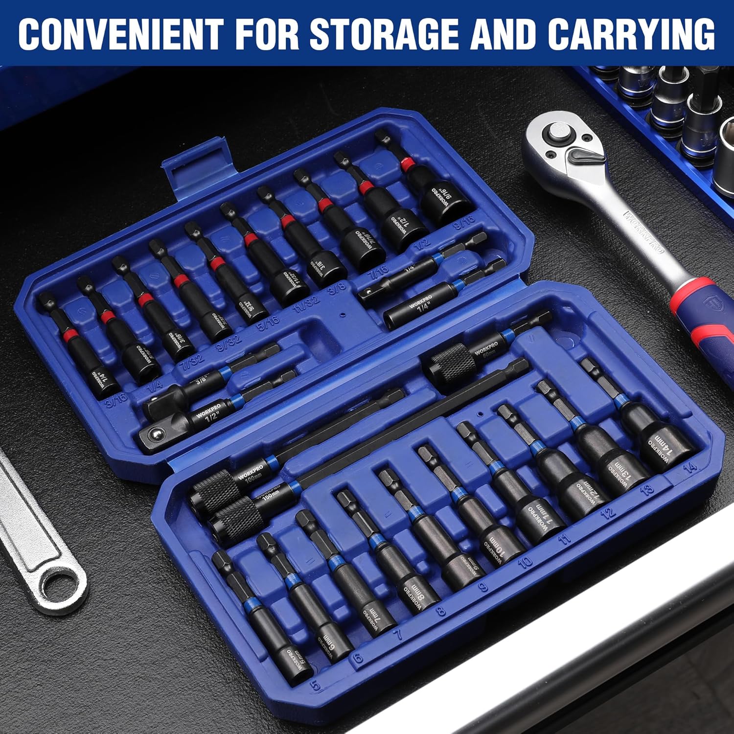Magnetic nut driver set stored in blue case with organized impact bits and extensions