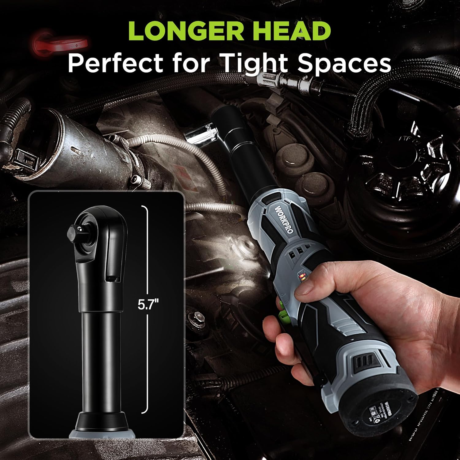 WORKPRO cordless power ratchet wrench with extended head, held in hand
