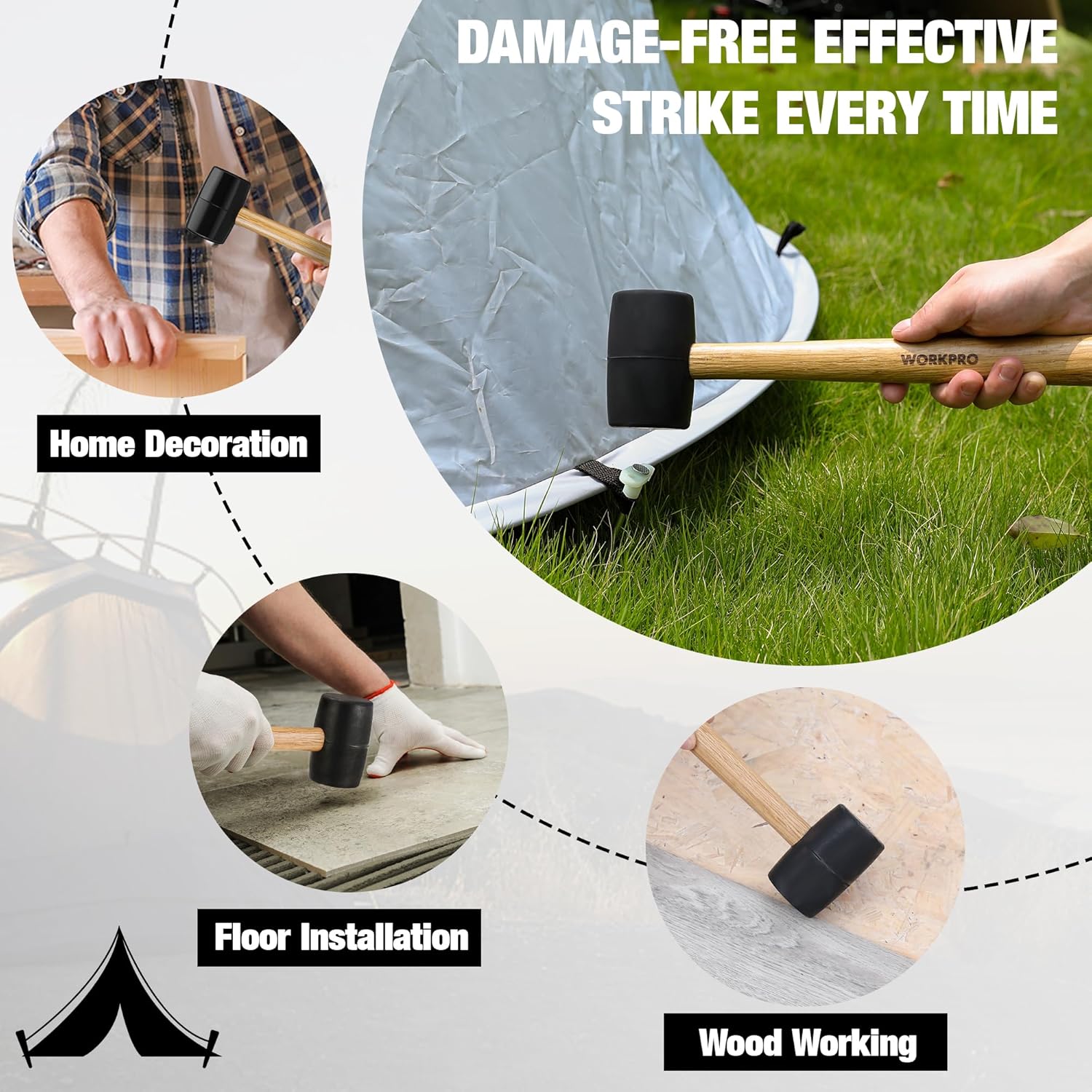 Wooden-handled rubber mallet striking a tent stake on grass