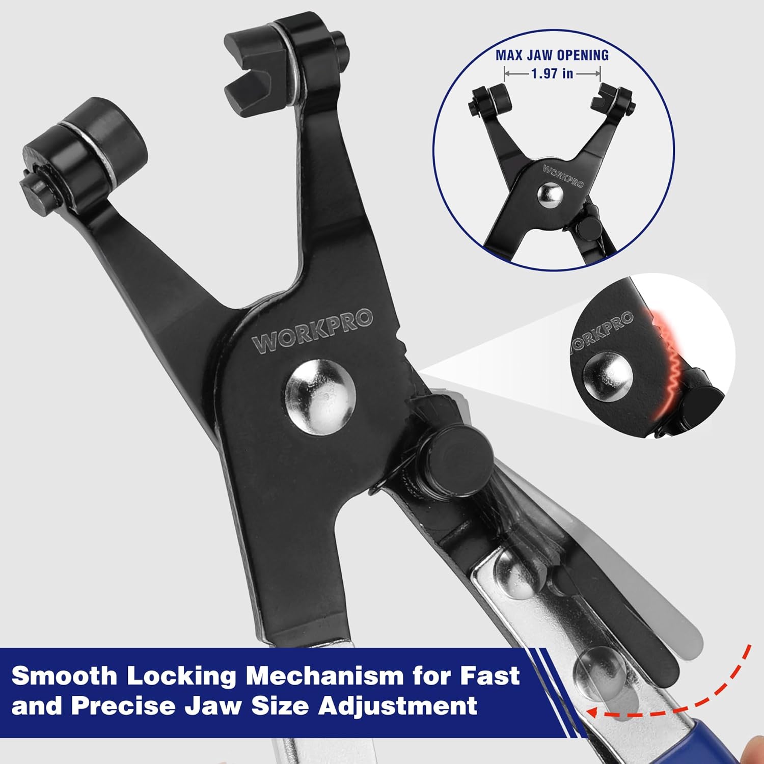 Black hose clamp pliers with blue grips and max jaw opening adjustment