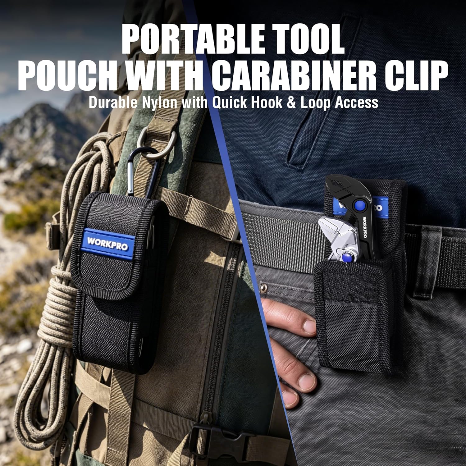 Portable black nylon tool pouch with carabiner clip for storing mini pliers