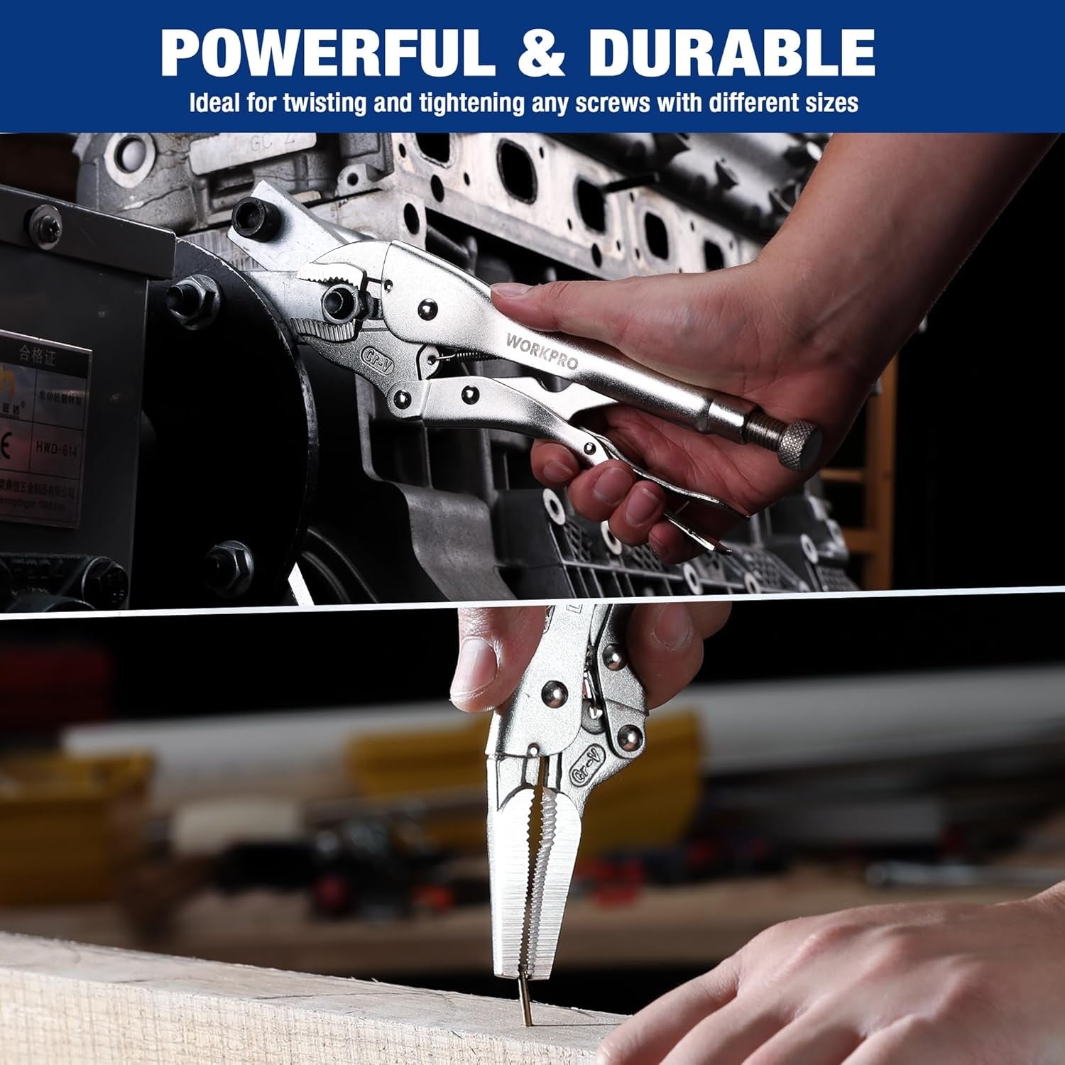 WORKPRO 5-Piece curved jaw locking pliers set in chrome vanadium steel with secure durable quality