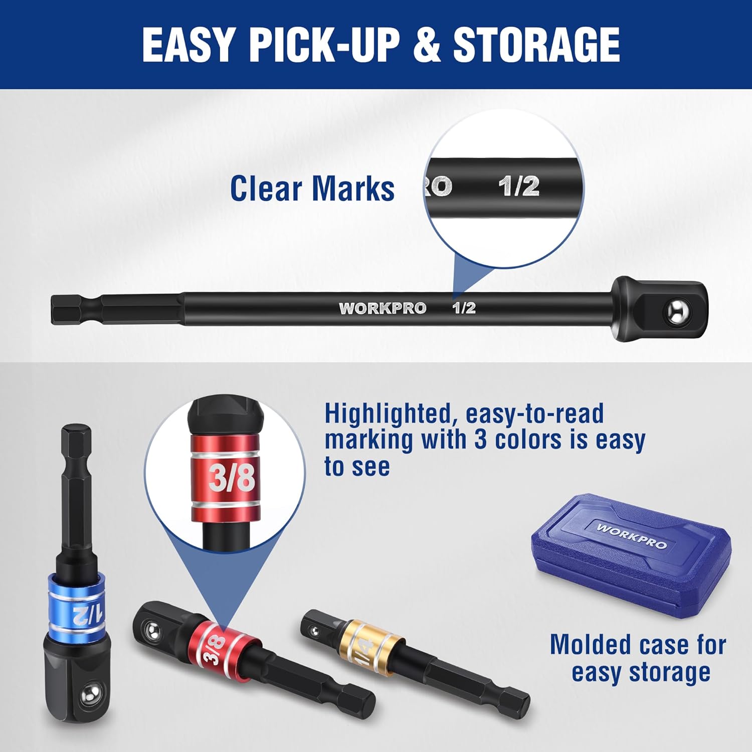 WORKPRO socket adapters with easy-to-read clear markings and molded storage case