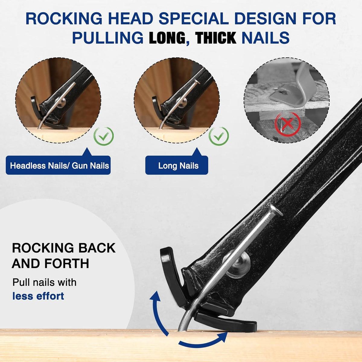 Black nail puller pry bar with rocking head positioned on wood to pull nails