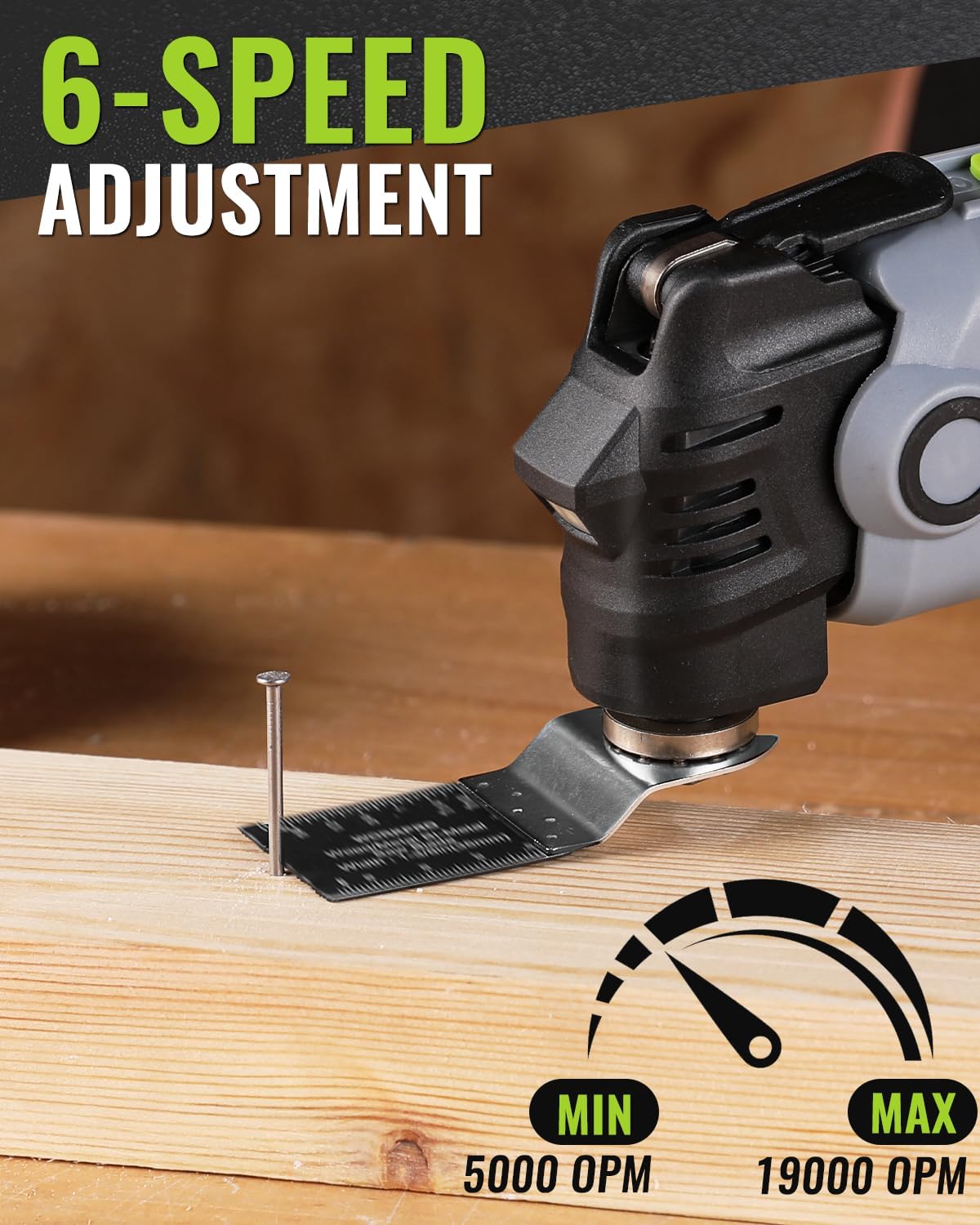 Cordless oscillating multi tool cutting on wood with black base plate and min/max dial