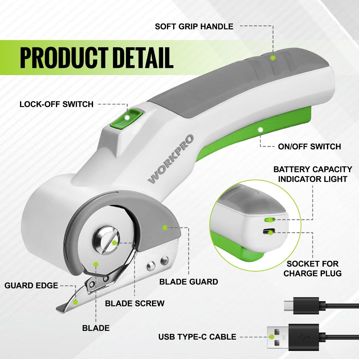 Cordless electric scissors with green lock-off switch, on/off switch, and blade guard detail