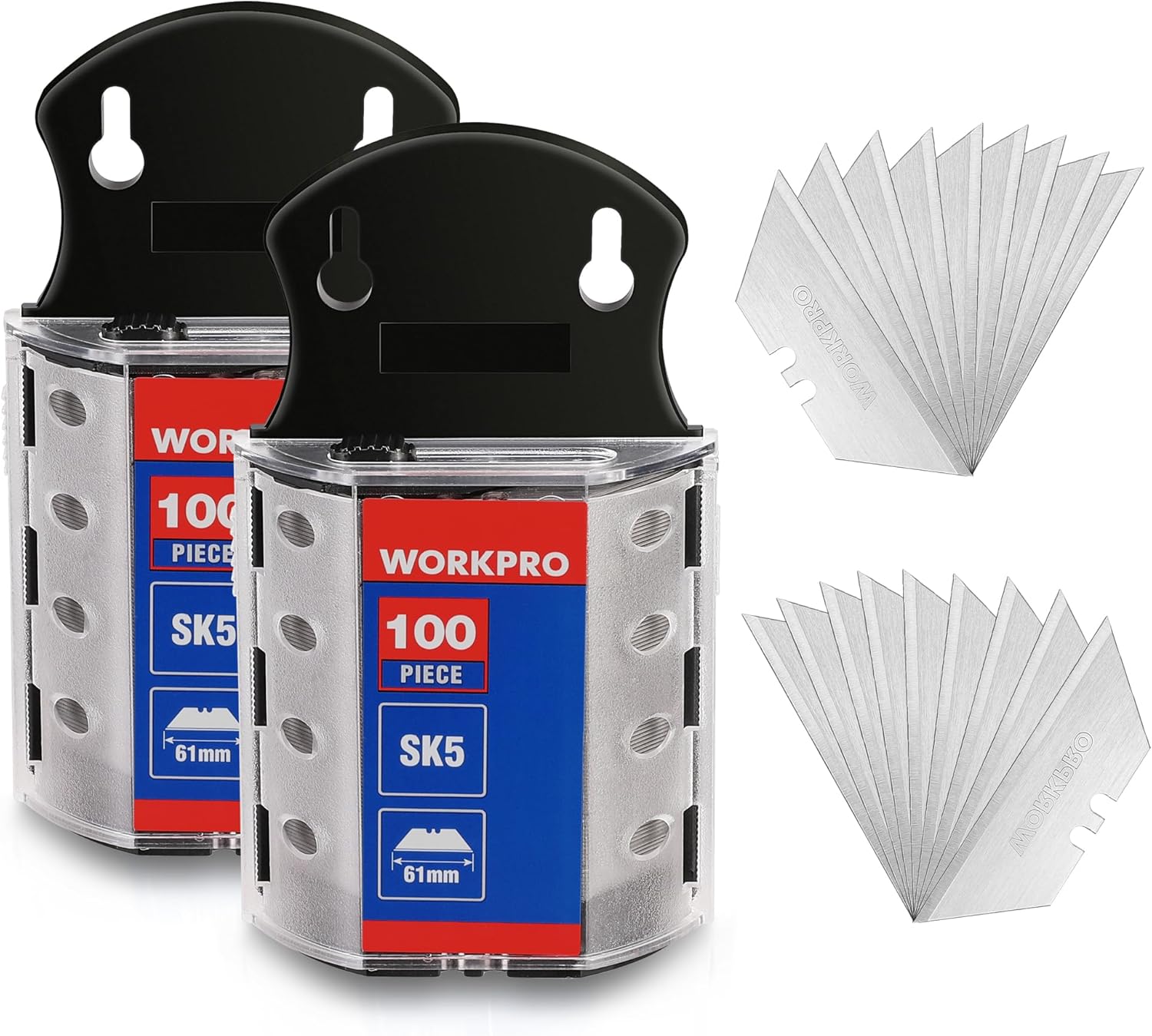 WORKPRO 200-Pack Utility Knife Blades with Dispenser | SK5 Steel Standard Blades for Box Cutter, For Cardboard, Leather, Carpet, Rope, Soft metal, Pipe, etc