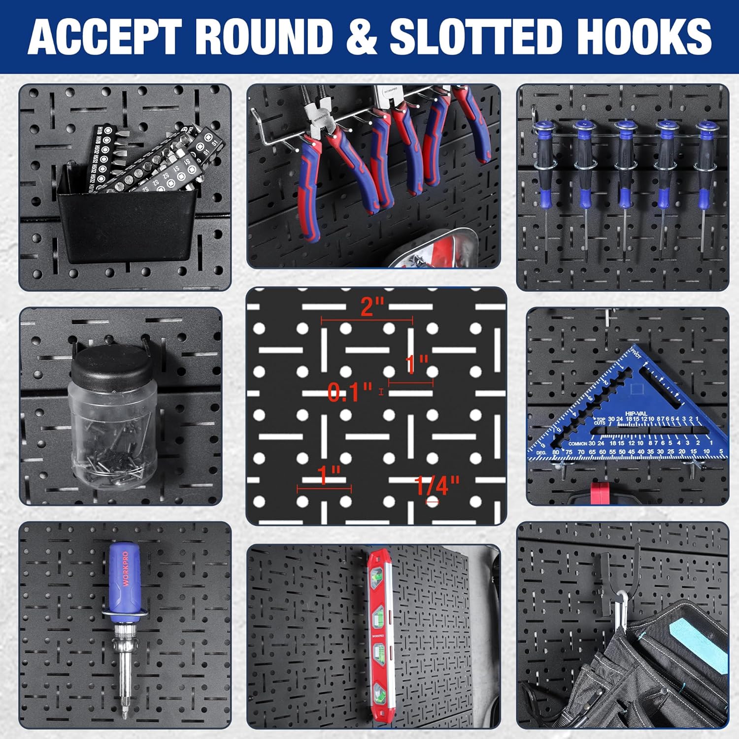 Black metal pegboard with round and slotted hook support for hanging tools