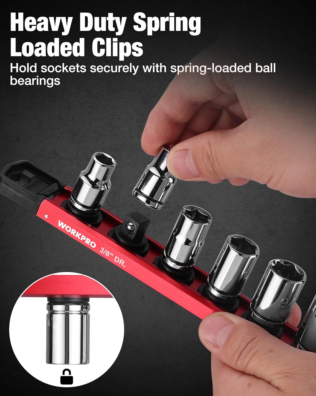 Red 3/8 in drive socket rail with spring-loaded black clips and steel sockets