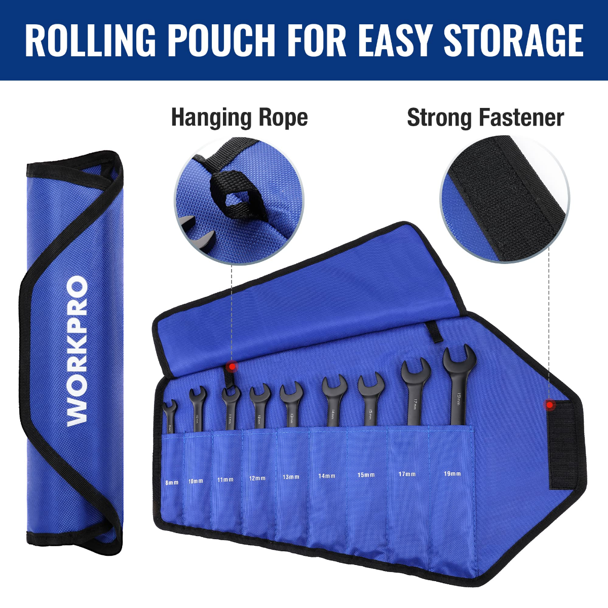 WORKPRO blue rolling pouch with black ratcheting combination wrenches stored inside