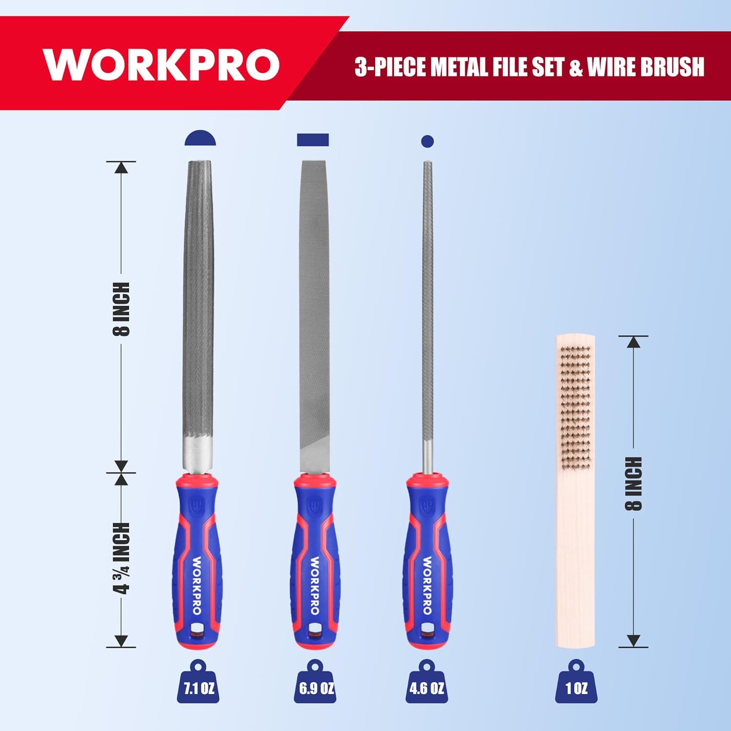 3-piece 8-inch metal file set with wire brush; flat, half-round, and round files