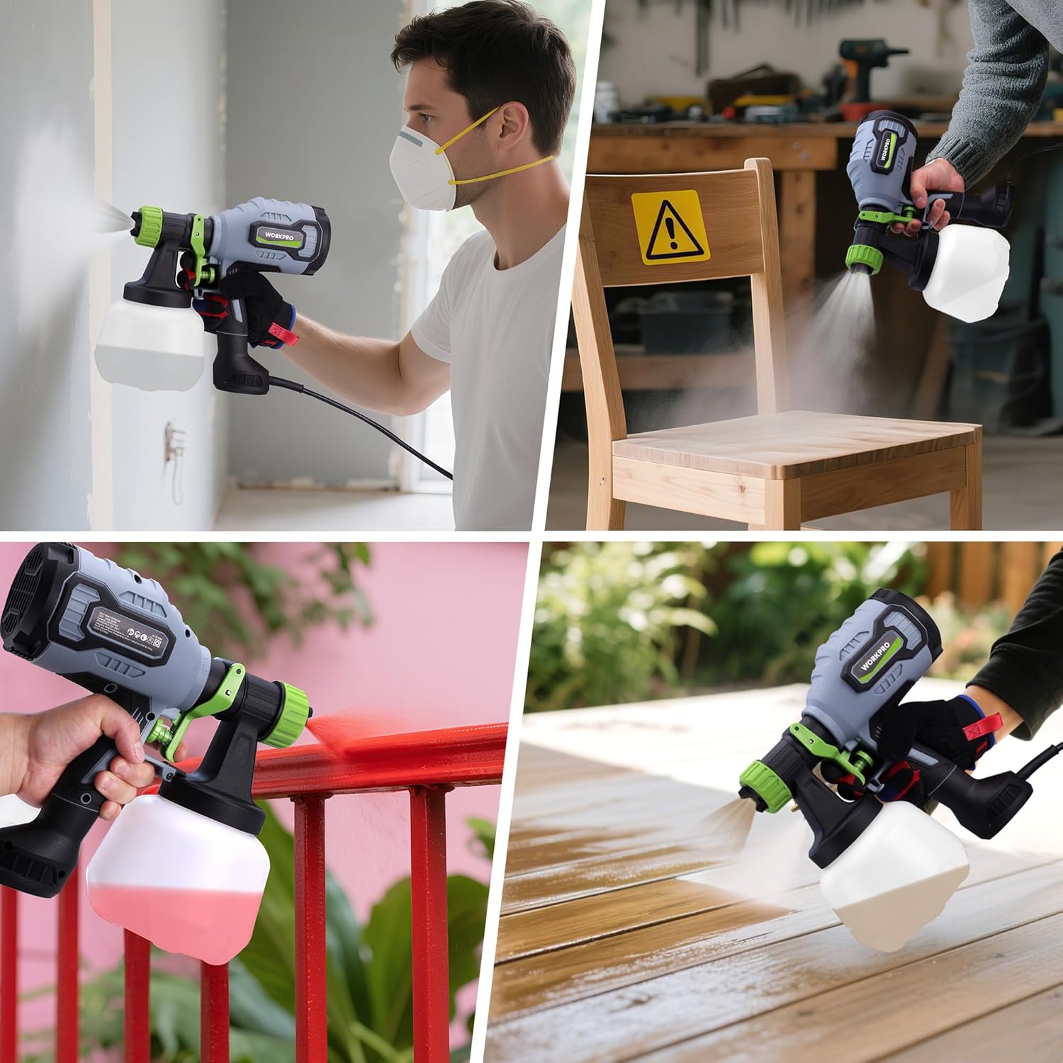 Person using a paint sprayer on furniture and railings, gray-and-green gun with white cup.