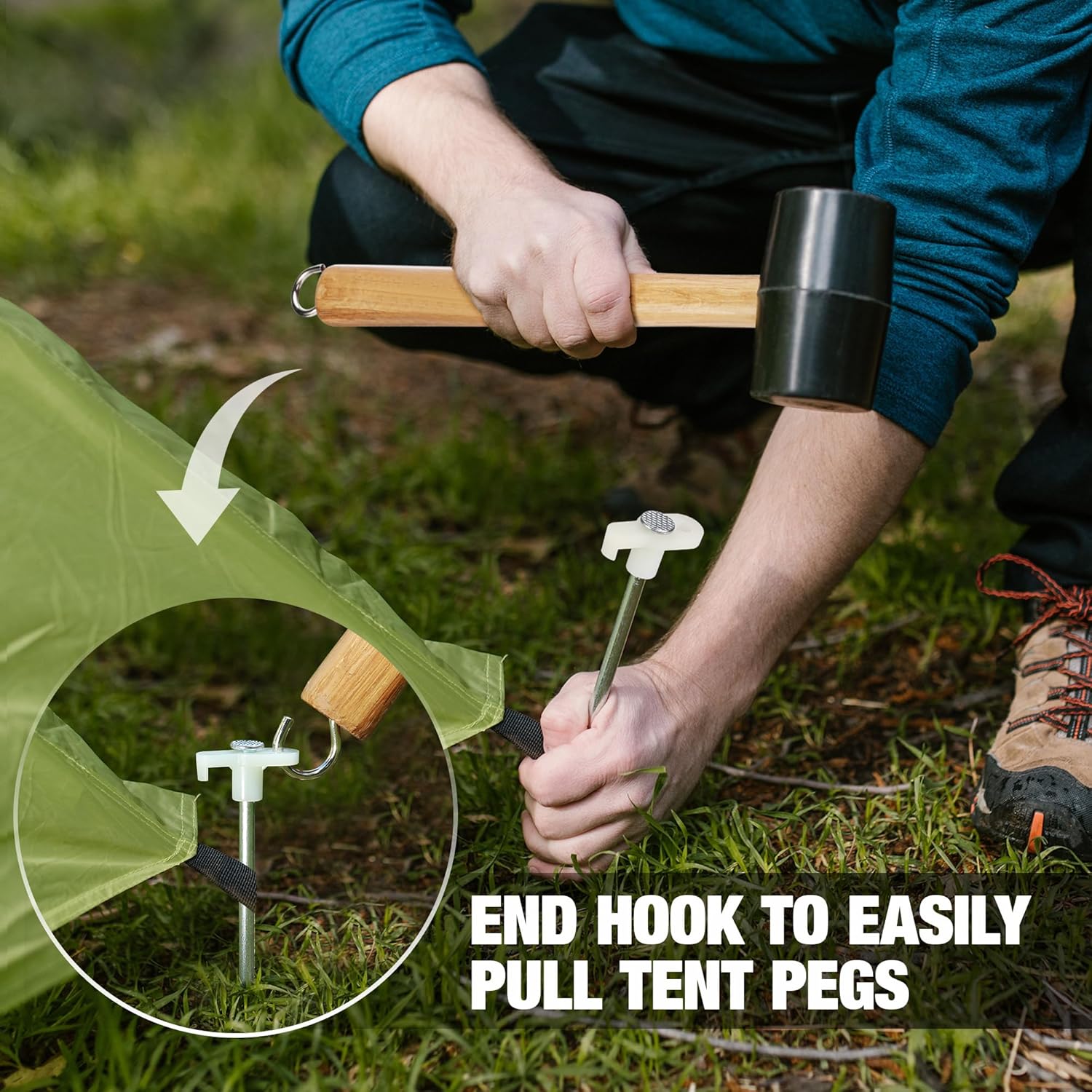Rubber mallet and tent stake with end hook for pulling stakes from the ground
