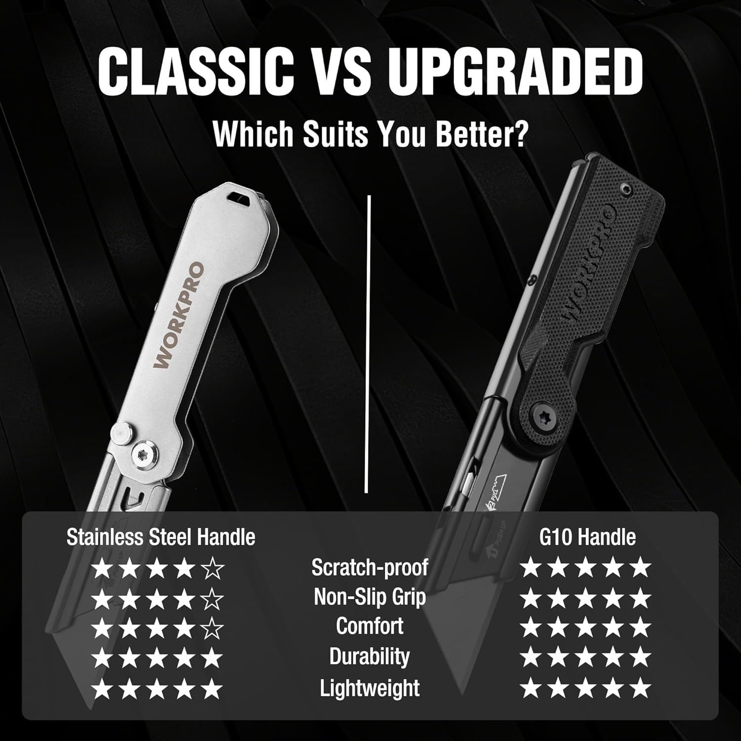 Black folding utility knife with textured G10-style handle and pivoting blade.